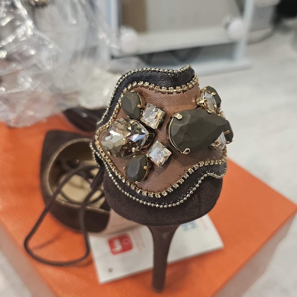 Roberto Cavalli Women’s Brown and Cream Embellished Suede Heels - Picture 15 of 16
